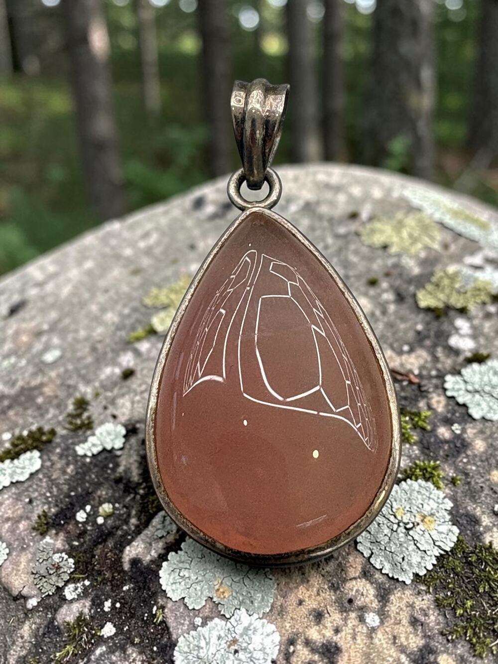 Vintage Sterling Silver Rose Quartz Teardrop Pendant Bezel Set Engraved Turtle M